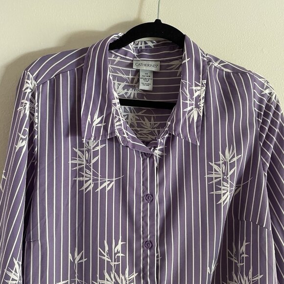 Catherines Women Plus SZ 0X 14/16W Purple White Striped Floral L/S Tunic Blouse - Picture 6 of 12